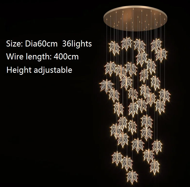 Contemporary Drummondii LED Staircase Chandelier by Lights of Scandinavia, inspired by the elegance of maple leaves, ideal for duplex building halls. Combines Nordic artistry with modern design and advanced LED technology to create an inviting ambiance.