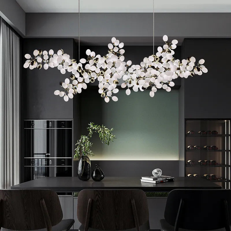 Lights of Scandinavia - Zygote High-quality white glass cluster chandelier. Organic-inspired design paired with luxury materials. Perfect for dining rooms, living areas, entrance halls, hotel areas, restaurants, etc.  White glass clusters with base frame in French gold color or Raw copper.