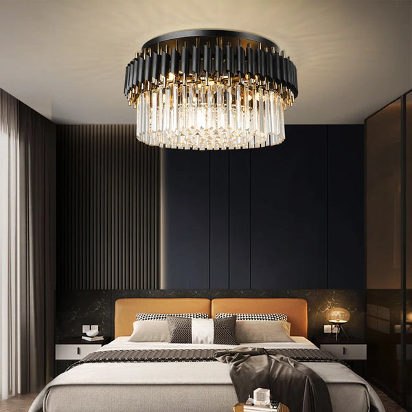 Grandiosa chandelier with K9 crystals and LED lighting, featuring a sleek black and golden finish, designed for modern luxury interiors, providing a sophisticated and dazzling illumination.