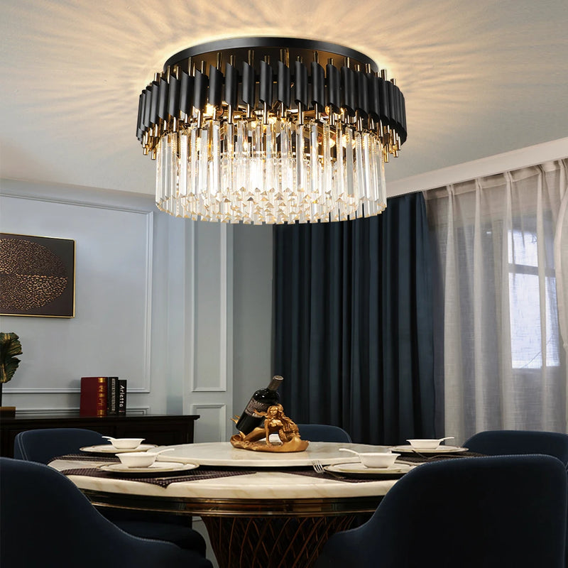 Grandiosa chandelier with K9 crystals and LED lighting, featuring a sleek black and golden finish, designed for modern luxury interiors, providing a sophisticated and dazzling illumination.