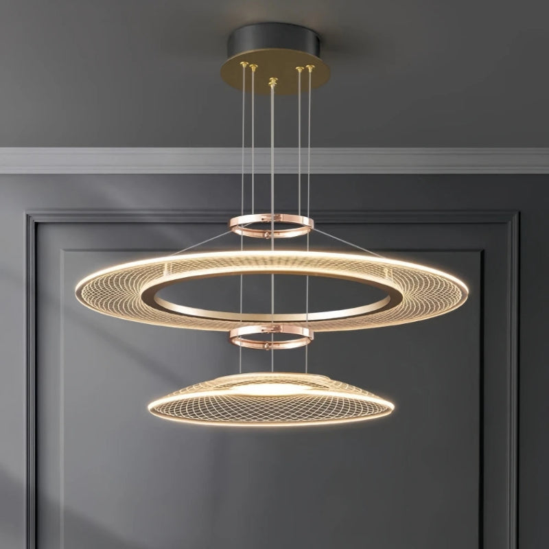 Dröme modern LED chandelier with sculptural acrylic rings and soft ambient glow, Nordic-style ceiling light ideal for living rooms, bedrooms, stairwells, and hotel lobbies.