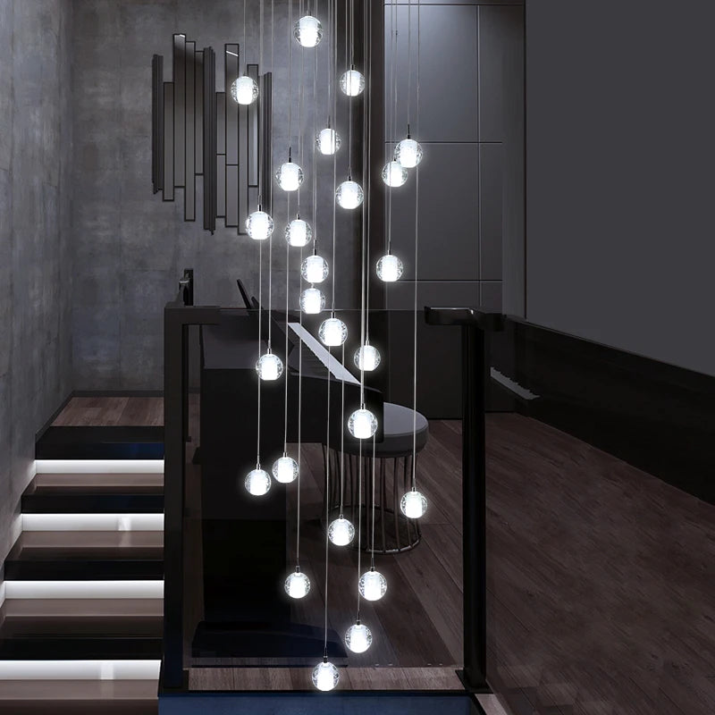 Polar Ball Stairs Chandelier with stainless steel frame and shimmering glass balls, showcasing modern design and icy elegance. Features energy-efficient LED G4 bulbs for bright, long-lasting illumination in contemporary interiors.