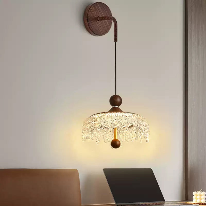 Prism Nordic wall light fixture in black and walnut wood finish with adjustable warm, neutral, and cool white lighting modes