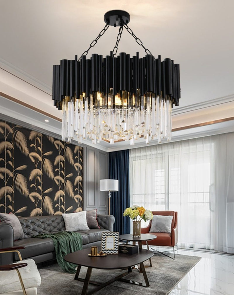 Grand luxurious crystal chandelier. Round black framework combined with luxury K9 crystals and modern LED light sources. A modern heart encapsulated in classic design. Perfect for refining dining rooms, living areas, hallways, entrance halls, etc. 4 sizes - 45-100cm Two emitting colors - Warm light(3000K), Cool light(6000K) Black modern chandelier lighting for living room luxury round crystal lamp home decoration chain led cristal light fixtures