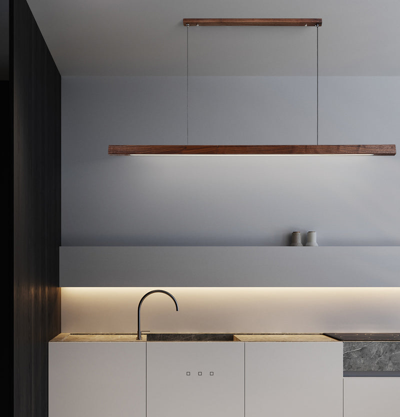 Lights of Scandinavia - Lindö - Modern long hanging dining room pendant light ala Nordic style. Will also make a good fit for office areas, restaurants and bars. Pine wood or black walnut Use the included remote to change color temperature between cold, neutral and warm light.