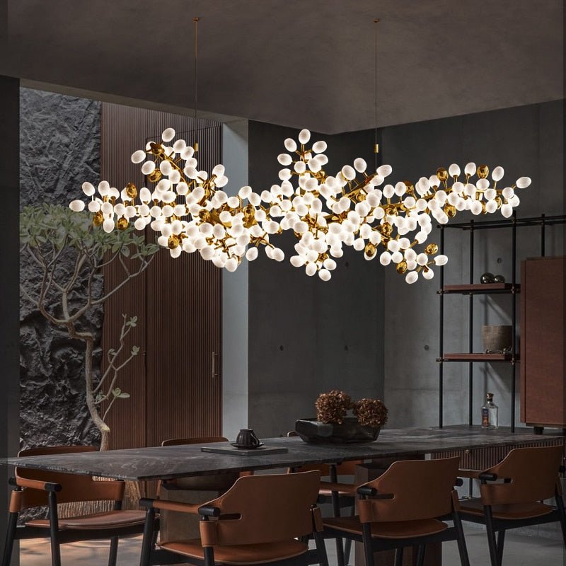 Lights of Scandinavia - Zygote High-quality white glass cluster chandelier. Organic-inspired design paired with luxury materials. Perfect for dining rooms, living areas, entrance halls, hotel areas, restaurants, etc.  White glass clusters with base frame in French gold color or Raw copper.